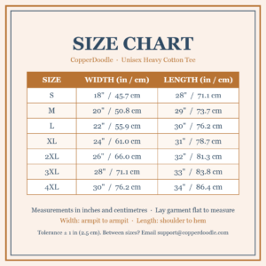 CopperDoodle unisex heavy cotton tee size chart in inches and centimetres